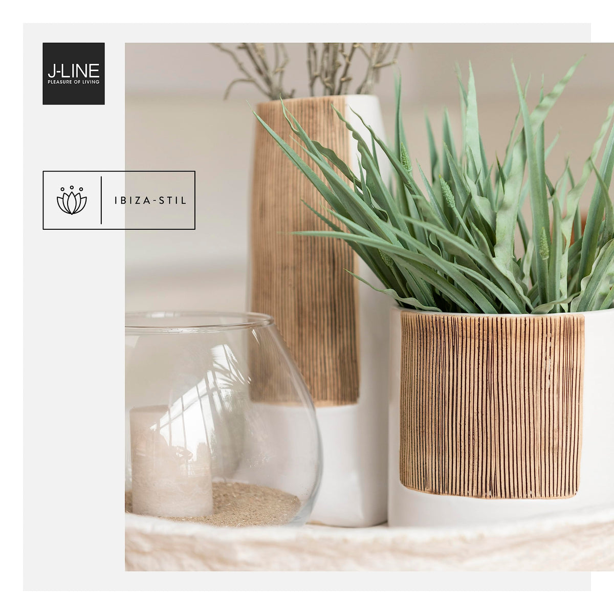 J-Line Vase à fleurs en céramique Ibiza - Blanc et marron