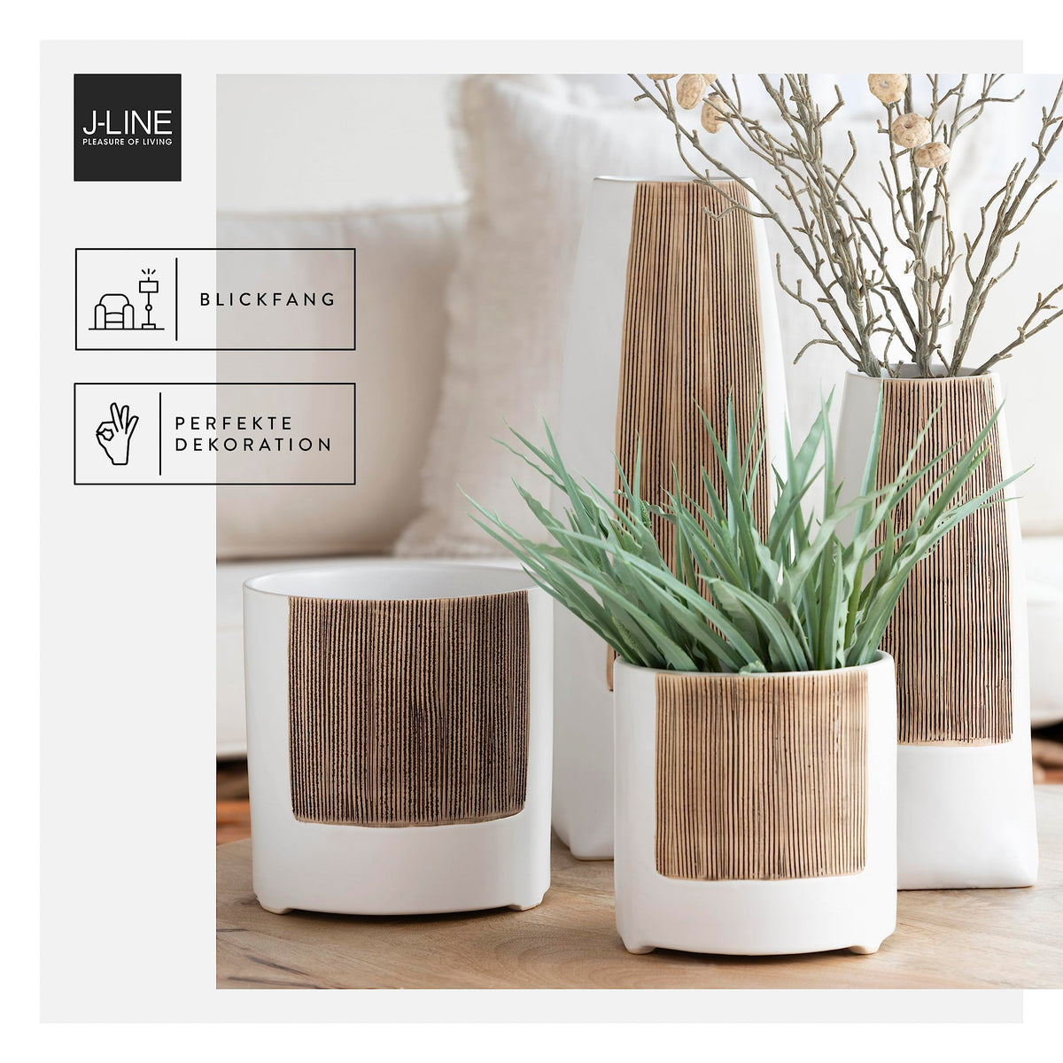 J-Line Vase à fleurs en céramique Ibiza - Blanc et marron